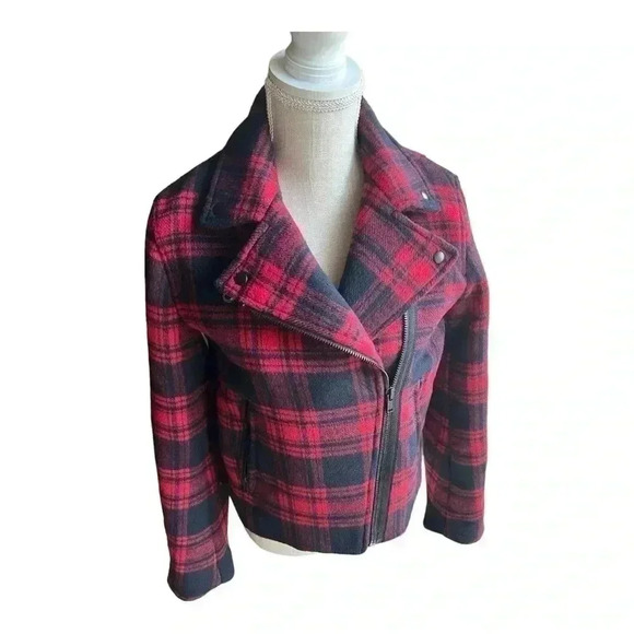 Women's Gap Plaid Coat Size S Red and Black Side Zip Asymmetrical Preowned - Picture 5 of 10